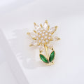 White Crystal Sunflower Brooch with Green Enamel Leaves view 3
