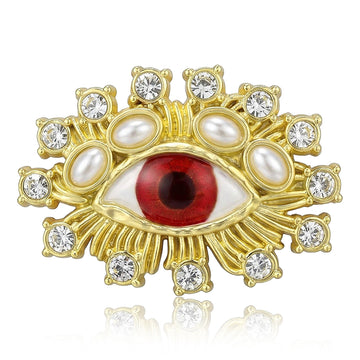 Red Eye Brooch With Pearls And Clear Crystal Frame
