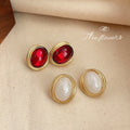 Gold-Rim Oval Cabochon Stud Earrings Red Or Cream Tone view 3