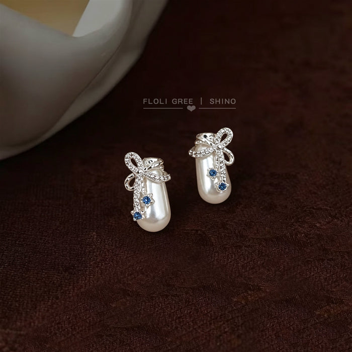 Silver Tone Bow White Potion Bottle And Blue Stone Stud Earrings