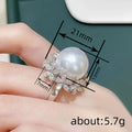 White Gold Tone Large Pearl Flower Clear Stone Finger Ring view 4