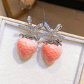 Pink Strawberry and Crystal Bow Drop Stud Earrings view 7
