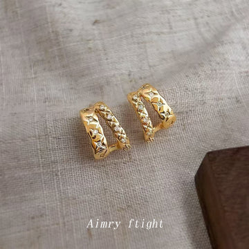 Gold Faceted Star Pattern Huggie Hoop Earrings