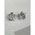 Silver Textured Ribbed Flower Stud Earrings Clear Zirconia view 3