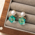 Aqua Faceted Cube and Pearl Look Statement Stud Earrings view 4