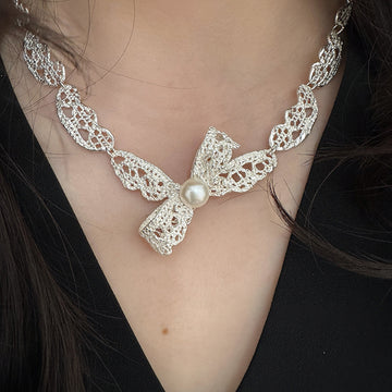 Silver Filigree Bow And Pearl Collar Necklace Pendant Jewelry