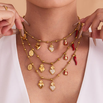 Heart Ladybug Chili and Medal Charm Necklace Collection in Gold Tone