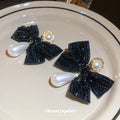 Black Bow Pearl Drop Earrings With Crystal Stud Tops view 2