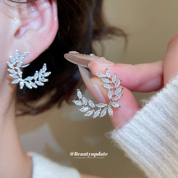 Silver Tone Crystal Leaf Crescent Ear Climber Stud Earrings