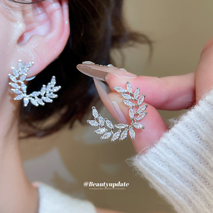 Silver Tone Crystal Leaf Crescent Ear Climber Stud Earrings