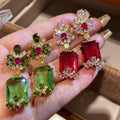 Floral Crystal Rectangle Drop Earrings in Red and Green view 1