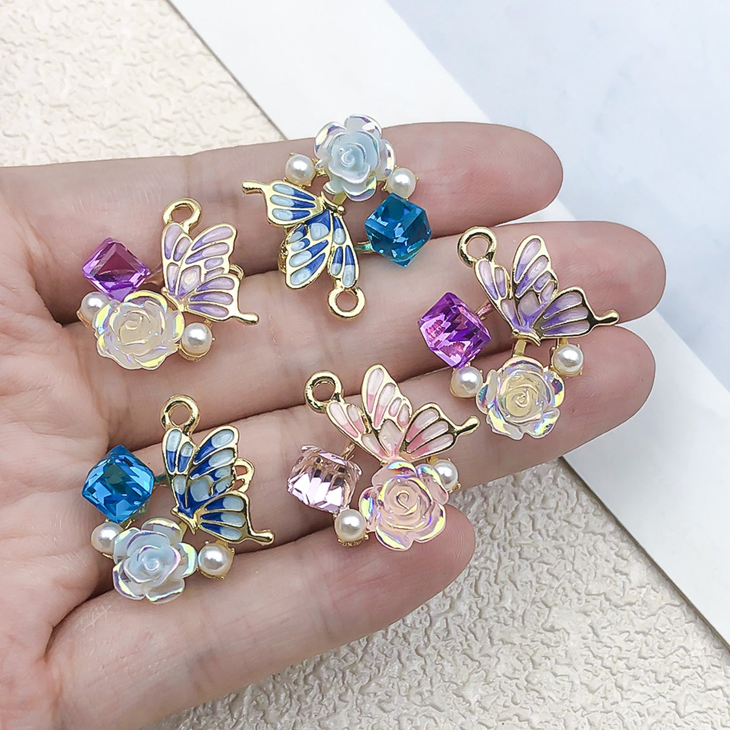 Pearl Rhinestone Zinc Alloy Butterfly Charm Pendant for DIY Necklace Bracelet Earrings