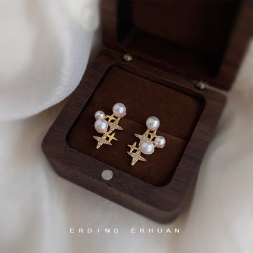 Gold Tone White Pearl Starburst Cluster Stud Earrings For Women