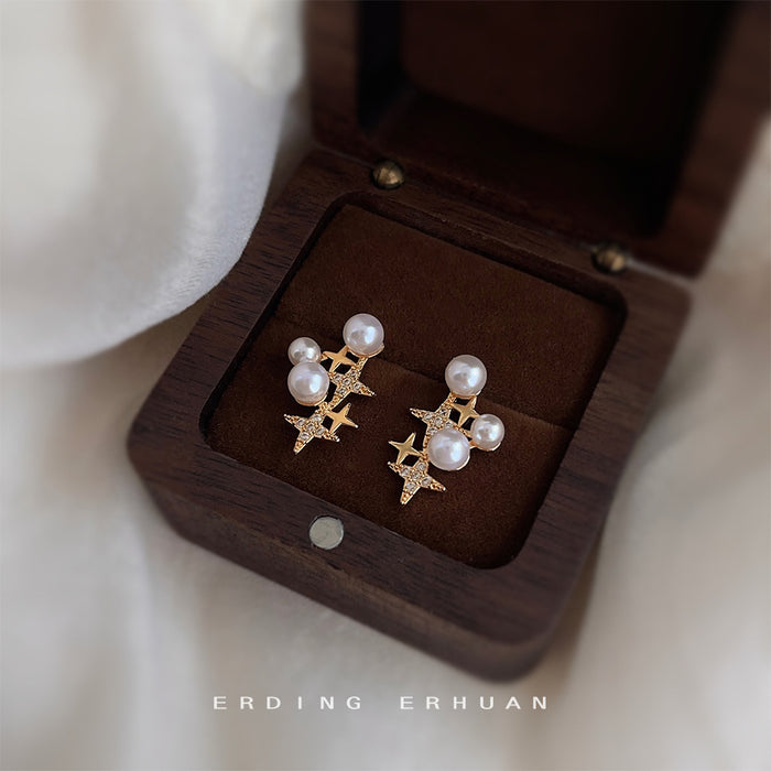 Gold Tone White Pearl Starburst Cluster Stud Earrings For Women