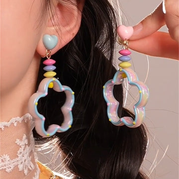 Colorful Pastel Beaded Open Flower and Heart Drop Earrings
