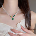 White Faux Pearl and Green Crystal Pendant Necklace view 3