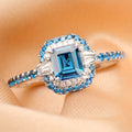 Blue Emerald-Cut Solitaire Double-Halo Ring In Silver Tone view 2