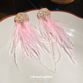 Pink and White Feather Crystal Tassel Stud Earrings view 4
