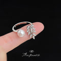 Silver Crystal Wheat Leaf Pearl Open Adjustable Ring view 4
