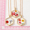 Gold Tone Hexagon Resin Pressed Flower Pendant Necklaces in Seven Designs view 5