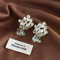 Clear Flower Cluster and Pale Blue Cube Dangle Stud Earrings view 3