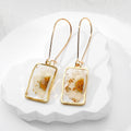 Gold Tone Rectangular Pressed Flower Resin Long Drop Earrings view 12