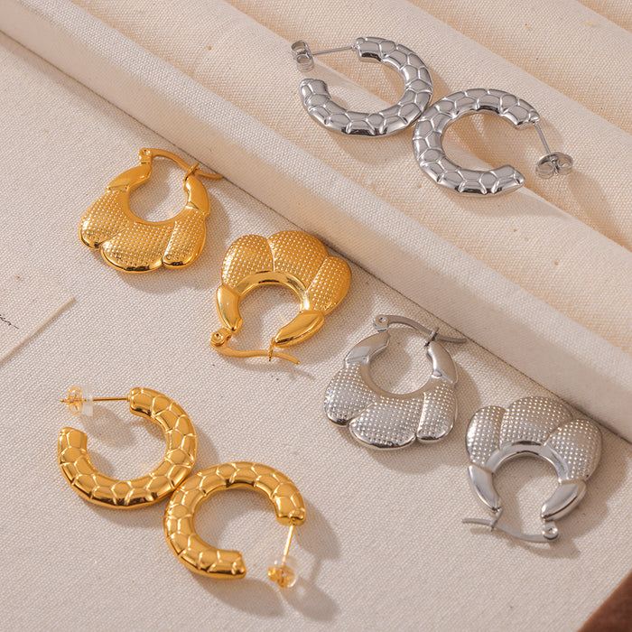 Titanium Steel Fan Hoop And Hexagon Texture C-Hoop Earrings