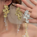 Gold and Silver Floral Branch Long Chain Tassel Stud Earrings view 1