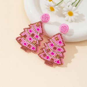 Seed-Bead Christmas Tree Drop Earrings with Sequins, Pink or Green