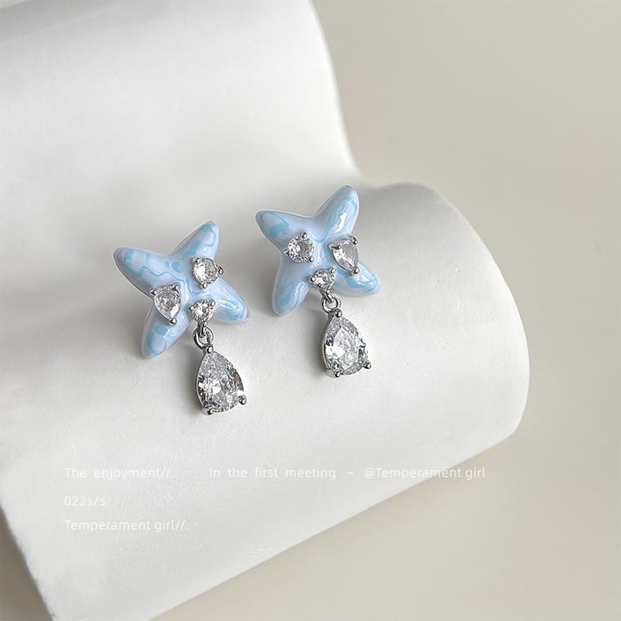 Silver Tone Aqua Starfish Clear Teardrop Stud Earrings For Women