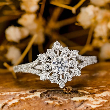 Snowflake Clear Stone Silver Tone Split Shank Ring Sizes 6-10