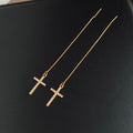 Gold Tone Clear Stone Cross Long Chain Threader Earrings view 6