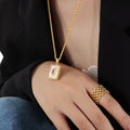 Gold Rectangular Shell Pendant Necklace Clear Center Stone Chain view 1