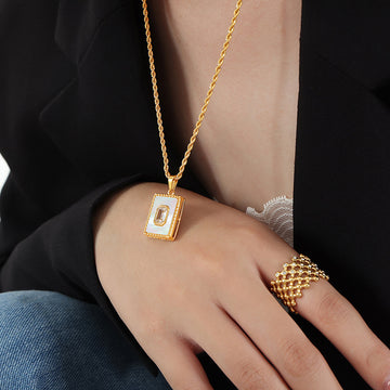 Gold Rectangular Shell Pendant Necklace Clear Center Stone Chain