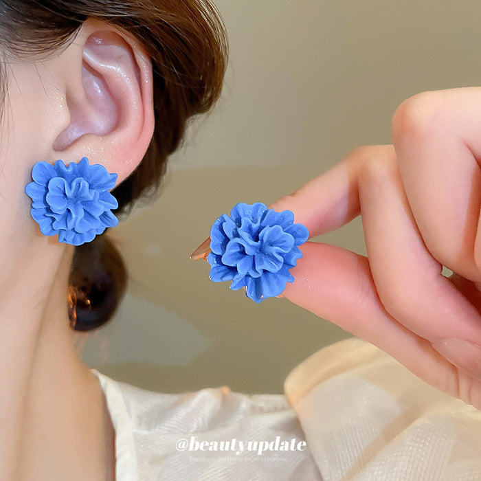 Layered Blue Flower Resin Stud Earrings with Petal Texture