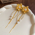 Gold Tone Flower Stud Earrings with Long Chain Fringe view 4