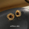 Gold Tone Radiating Openwork Black Round Stone Stud Earrings view 4