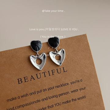 Black Enamel Heart Drop Earrings Silver Open Heart Dangles