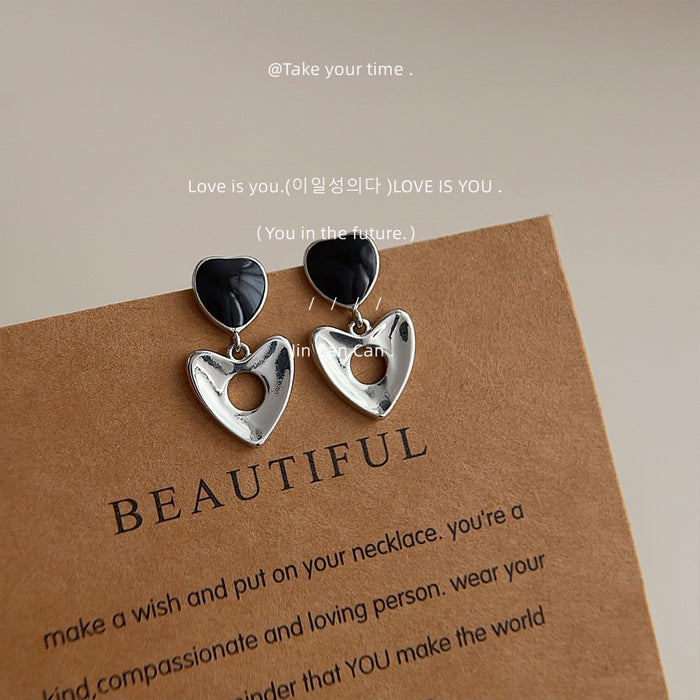Black Enamel Heart Drop Earrings Silver Open Heart Dangles