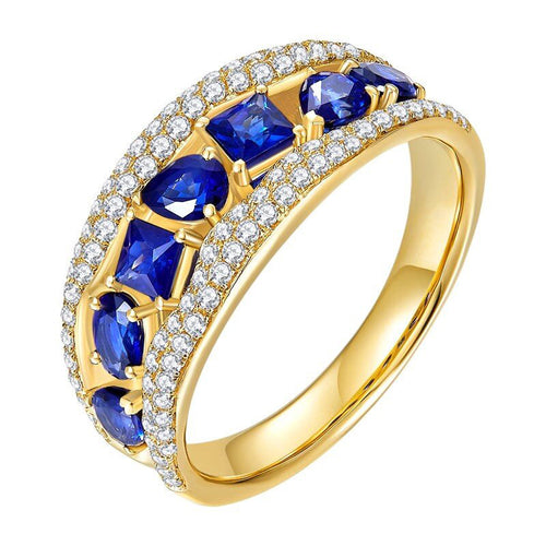 Side angle of gold blue multi-stone pave border ring