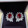 Red Oval Floral Cluster Stud Earrings with Clear Stone Details view 5