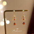 Gold Filigree Drop Earrings Amber Red Teardrop Crystals view 3