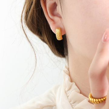 Ribbed Twisted C Shape Crescent Stud Earrings Gold Steel