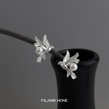 Silver Tone Flying Bird White Pearl And Clear Stone Stud Earrings