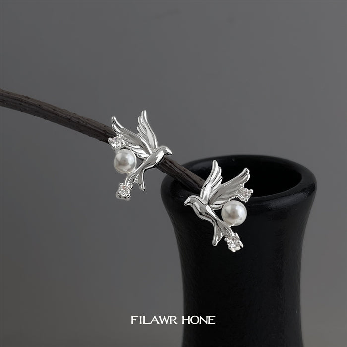 Silver Tone Flying Bird White Pearl And Clear Stone Stud Earrings