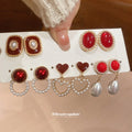Gold Red Enamel Heart Pearl Stud Drop Earring Five Pair Set view 3