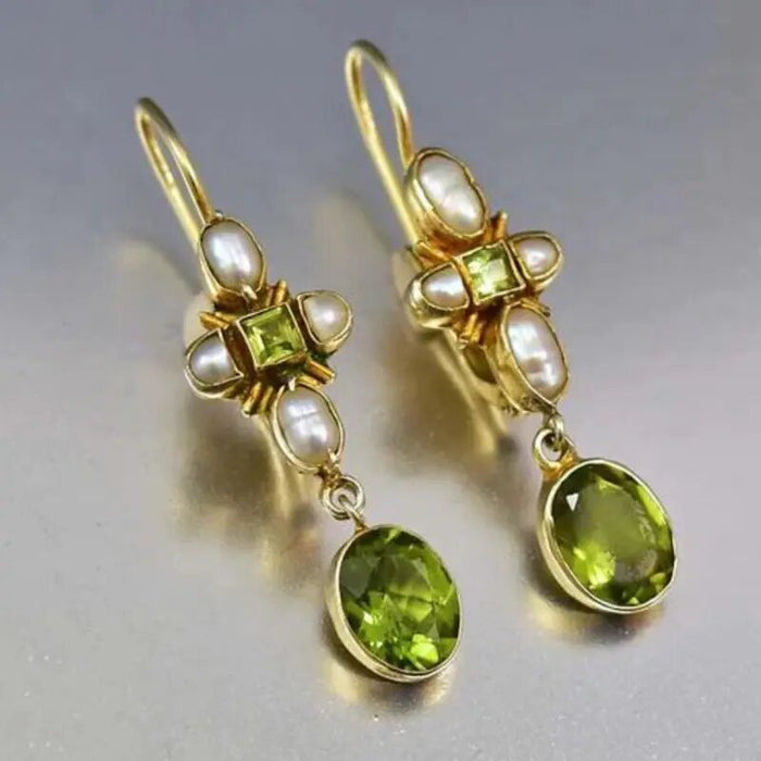Gold Tone Green Oval Stone Pearl Floral Dangle Earrings