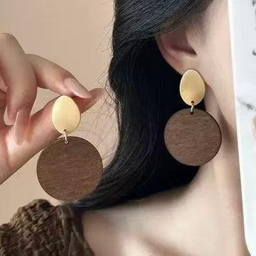 Round Brown Wood Disc Drop Earrings With Gold Tone Studs