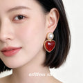 Gold Pearl Stud Red Heart Drop Earrings Twisted Rim view 2