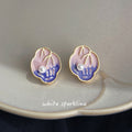 Gold Rim Pink Purple Enamel Shell Stud Earrings Pearl Accent view 1